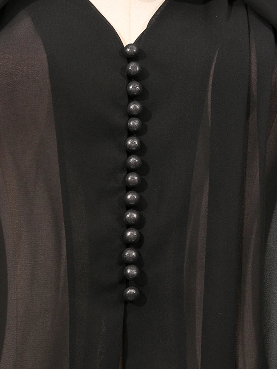 Close-up of a black garment with a vertical row of buttons on a plain background