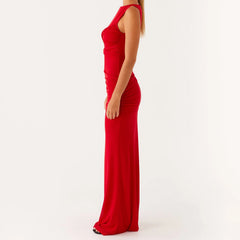 Red evening gown on a white background