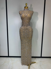 Champagne rhinestone embellished high neck sleeveless maxi dress