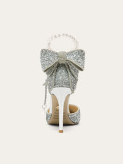Sequin Bow Pointed Heels | Elegant French Pearl-Lined Slip-Ons