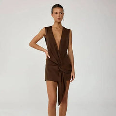 Plunging Neck Knot Front Mini Dress
