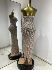 Sequined Mesh Strapless Floor-Length Dress