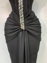 Off-the-shoulder Diamond Embellished Draped Ankle-Length Bandage Dress