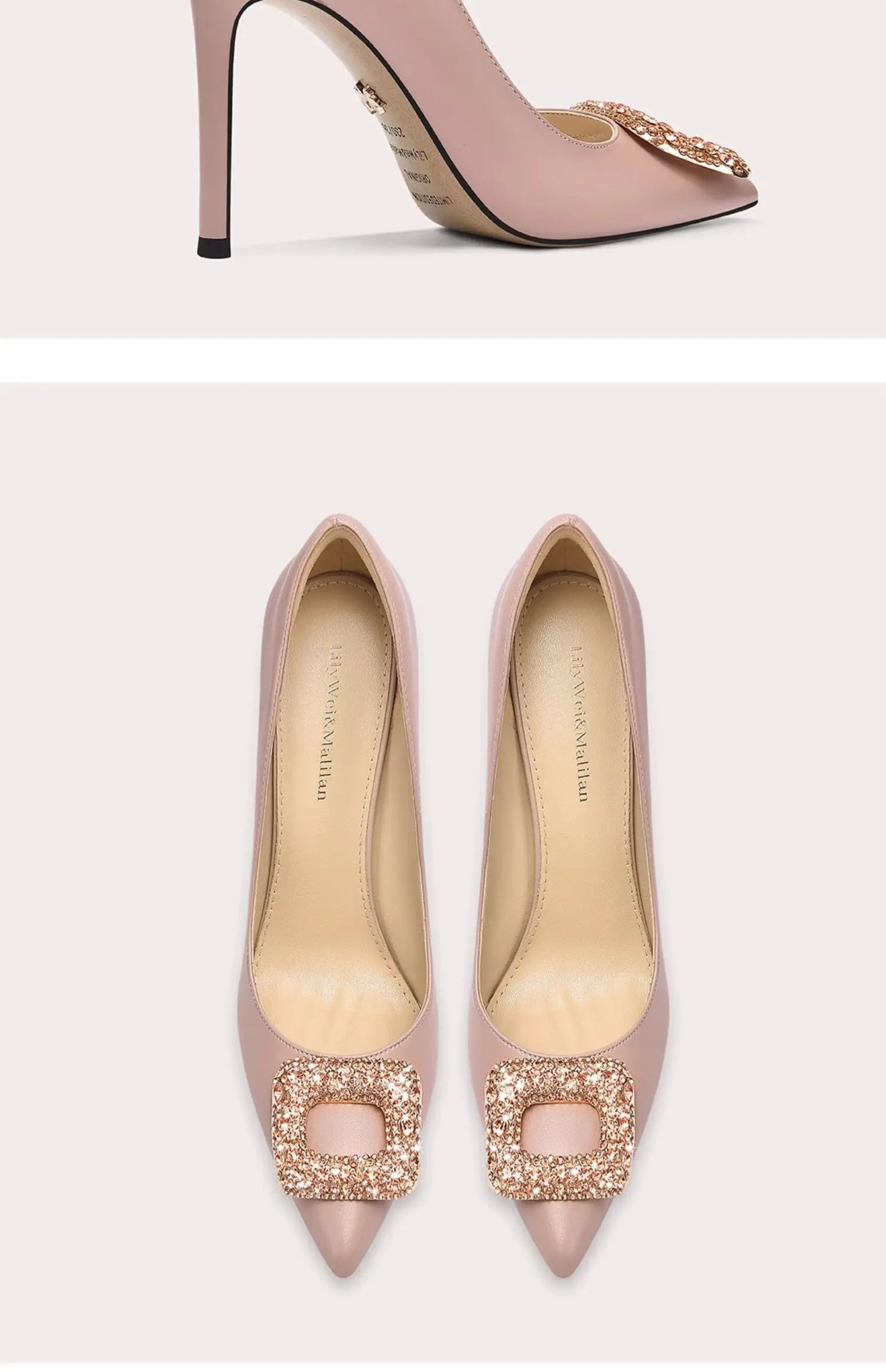 Pair of pink high-heeled shoes with embellishments on a light gray background
