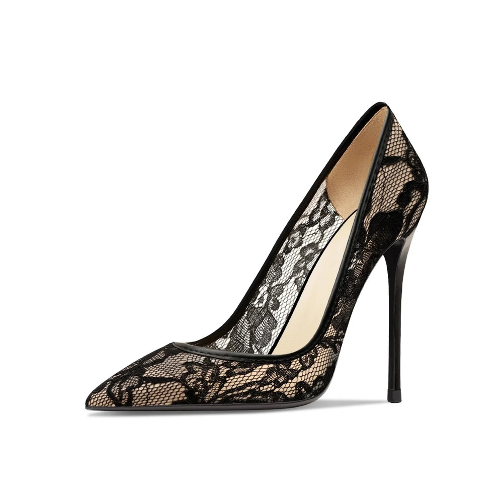 Black lace high-heeled shoe on a white background