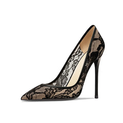 Black lace high-heeled shoe on a white background