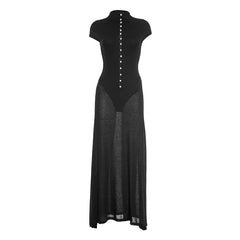 Black dress with button details on a white background