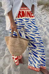 Ladies Beach Pants - Blue Fish Print Wide Leg Trousers