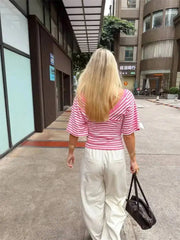 V-Neck Striped Knit Cropped Top with Dolman Sleeves
