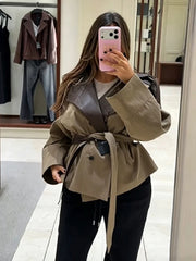 Faux leather collar belted lantern sleeve jacket