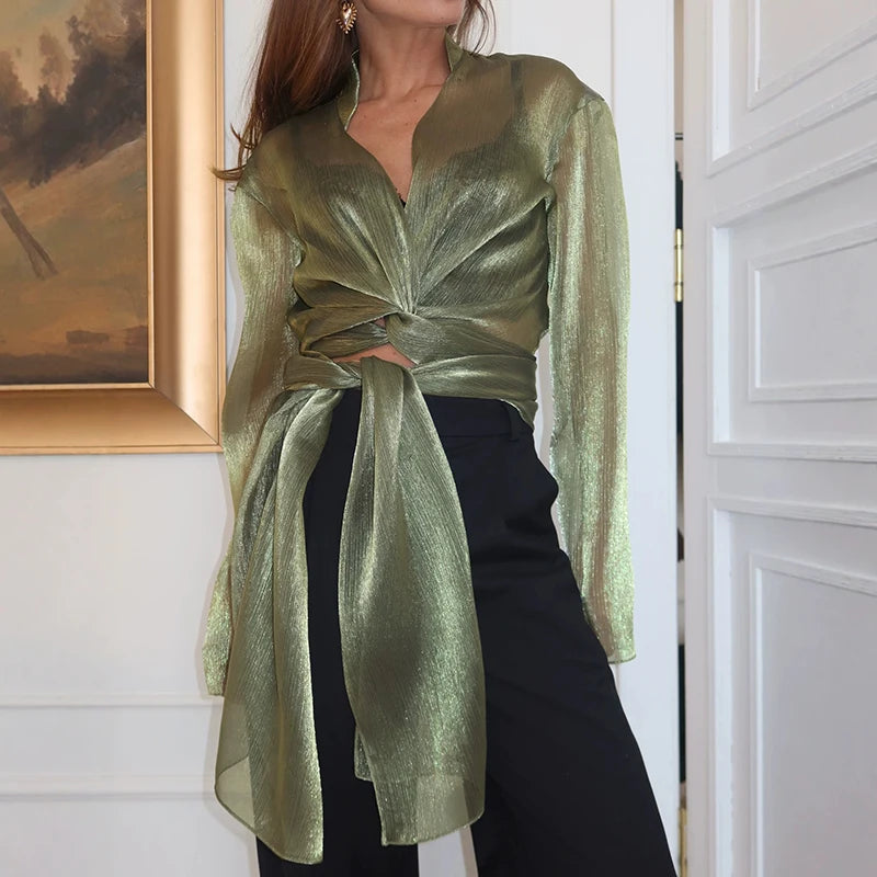 Wrap front long sleeve glitter shirt