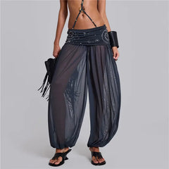 Back view of dark grey mesh harem trousers with a rhinestone waistband