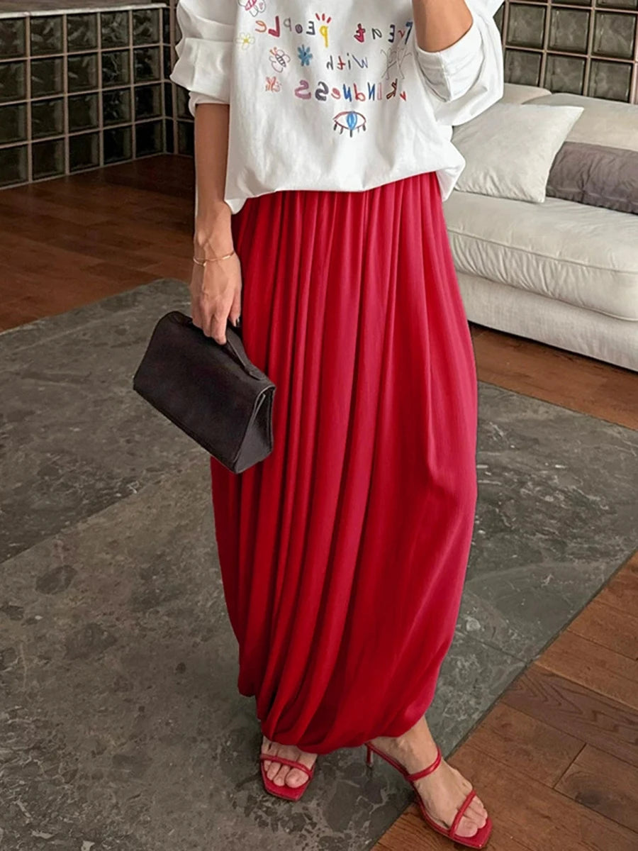 Red draped waist maxi skirt