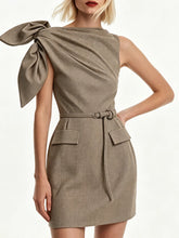 Asymmetric bow shoulder mini dress