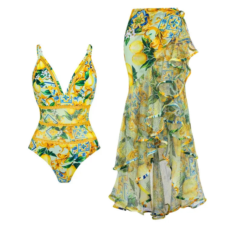 Yellow lemon print one-piece swimsuit with ruffled trim and matching ruffled maxi skirt
