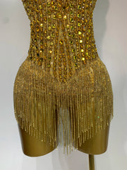 Gold Rhinestone Halter Bodysuit
