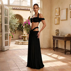 Halter Ruffle Crop Top and Cutout Maxi Skirt