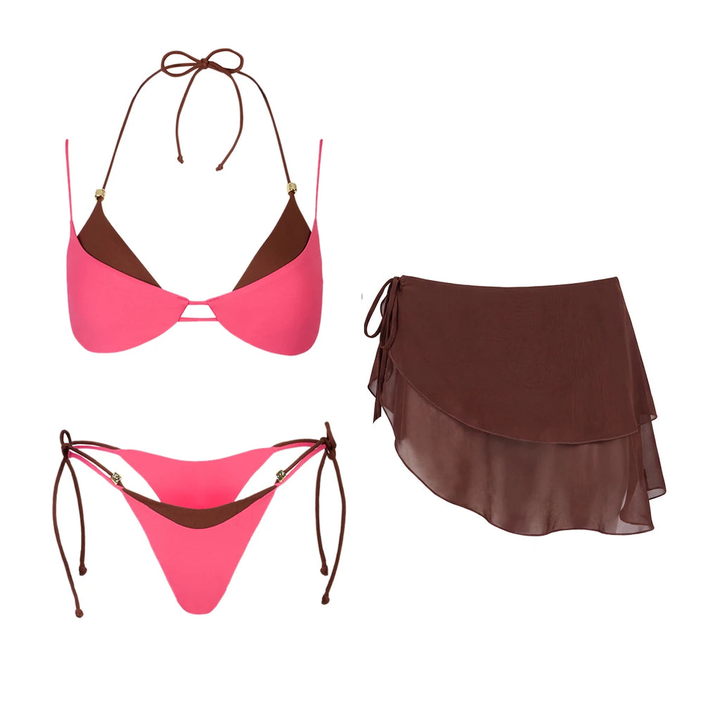 Pink and brown contrast trim swimwear set with wrap skirt