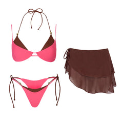 Pink and brown contrast trim swimwear set with wrap skirt