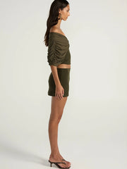 Green Off Shoulder Gathered Open Back Top