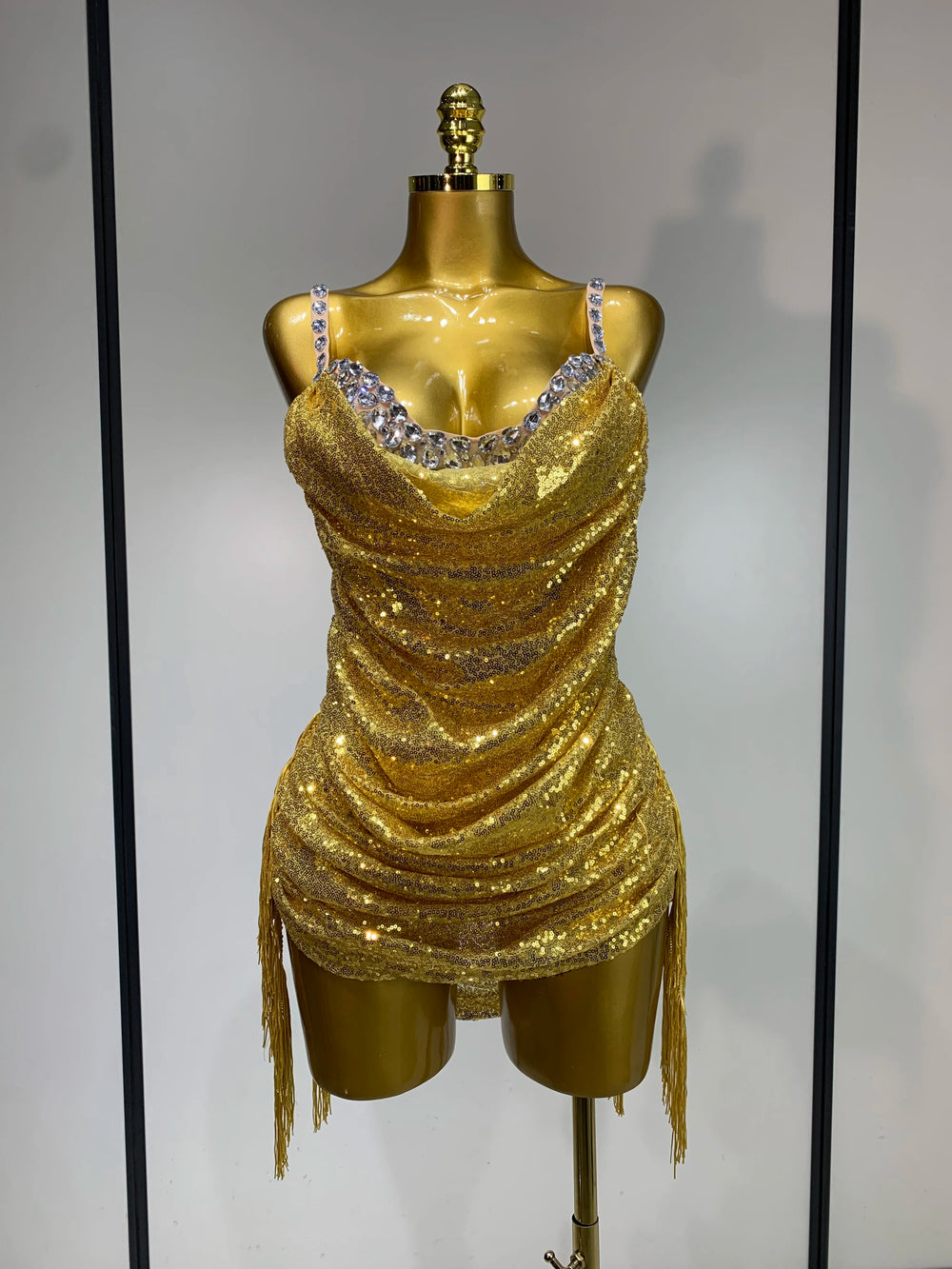 Gold sequin cowl neck bodysuit with fringe detail