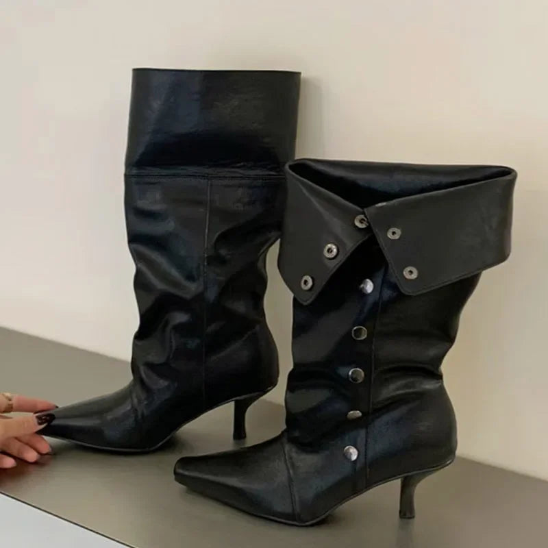 Pointed toe button detail ankle boots
