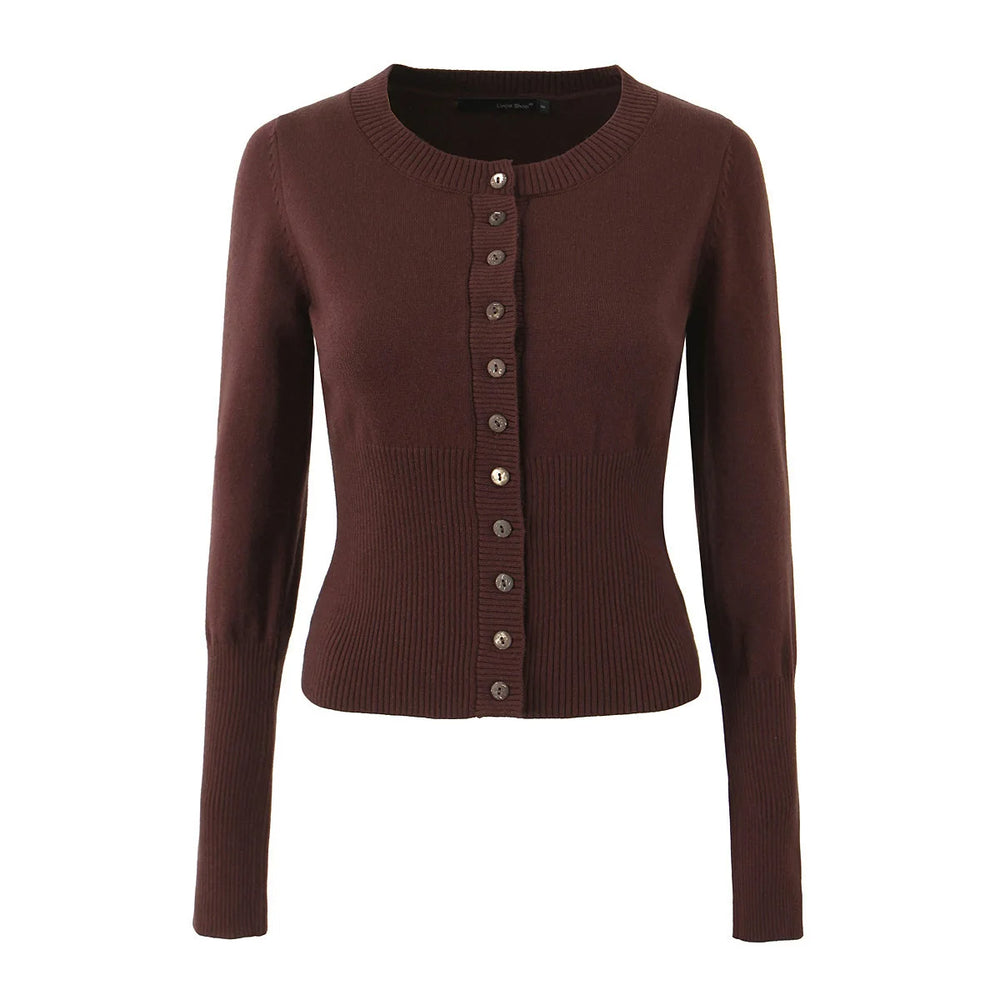 Brown cardigan with button details on a white background