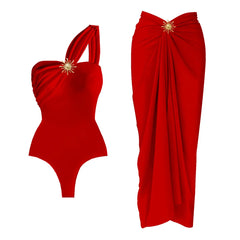 Red one-shoulder draped bodysuit and wrap skirt set with sunburst embellishment