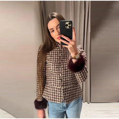 Faux Fur Cuffs Plaid Stand Collar Jacket