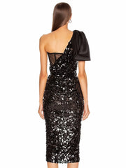 Black One-Shoulder Sequin Midi Dress with Bow Detail