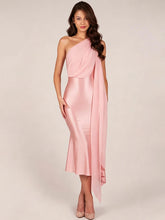 Pink one shoulder drape midi dress