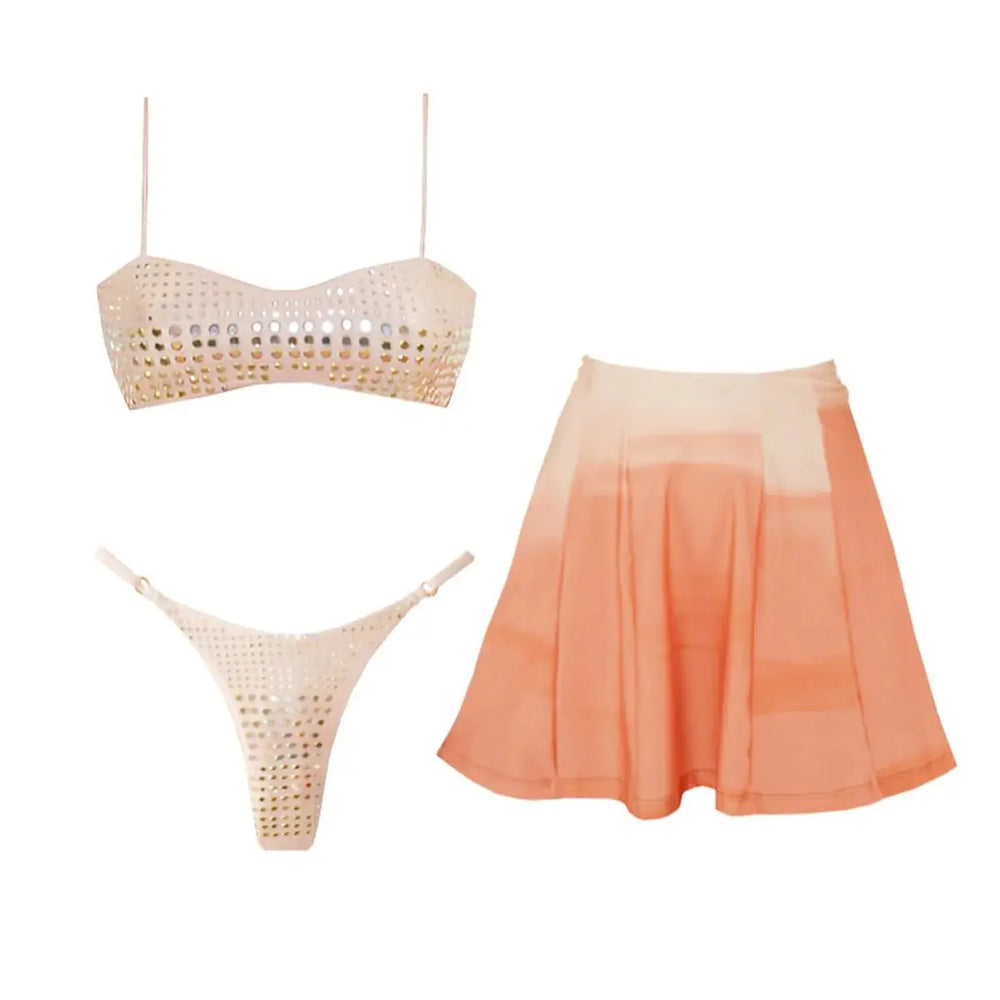 Diamond embellishment bikini top and mini skirt set