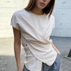 Beige cross wrapped split front top