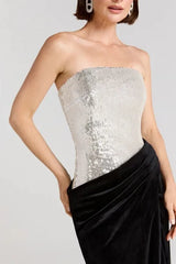 Strapless Sequined Slit Velvet Maxi Dress