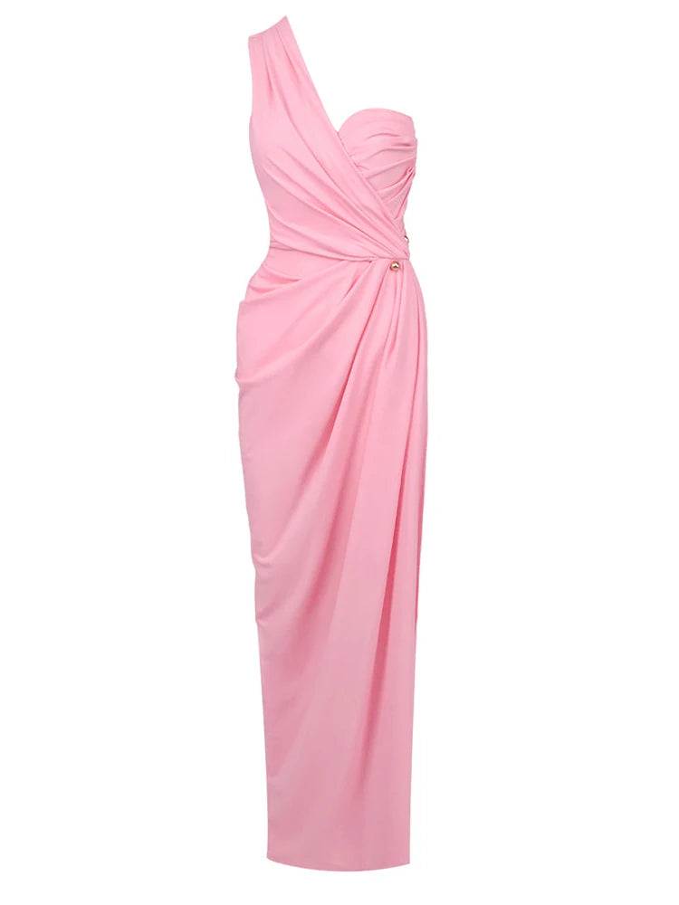 Pink one-shoulder dress on a white background