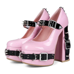 Pair of pink patent leather platform chunky heel Mary Jane shoes