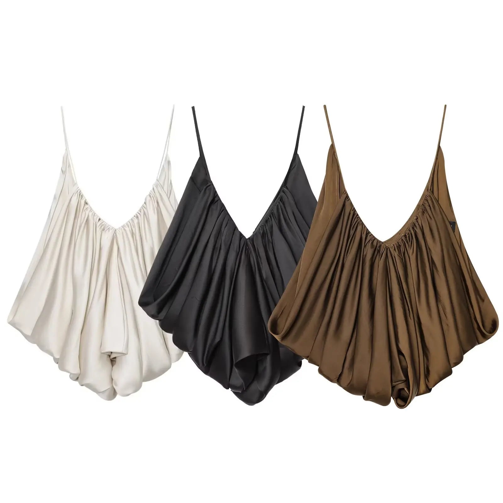 Three spaghetti strap tops in beige, black, and brown