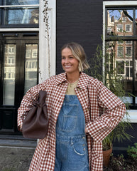 Red Gingham Lapel Long Trench Coat