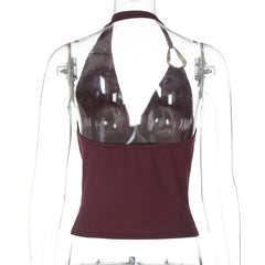 Red Wine bikini top on a transparent mannequin with a white background