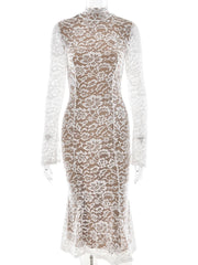 White Long Sleeve Lace Turtleneck Midi Dress