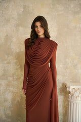 Rust Draped High Neck Long Sleeve Maxi Gown