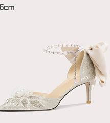 White Pearl Bow Stiletto Heels | Lace Bridal Beaded Party Sandals