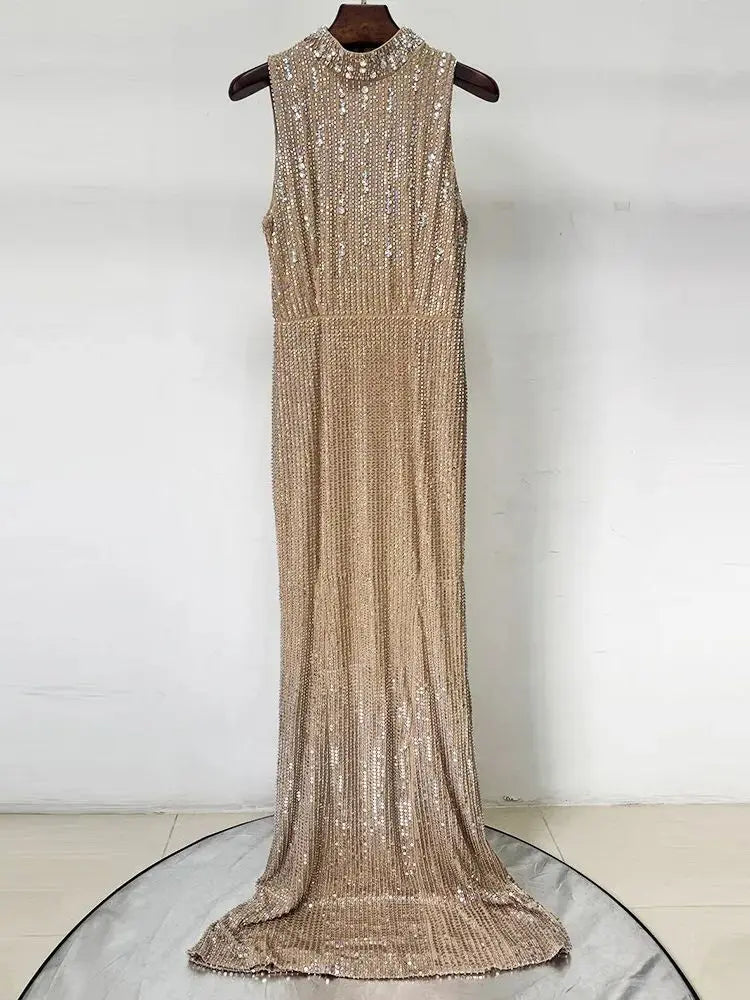 Sleeveless beaded sequin floor length gown detail