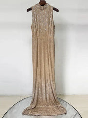 Sleeveless beaded sequin floor length gown detail
