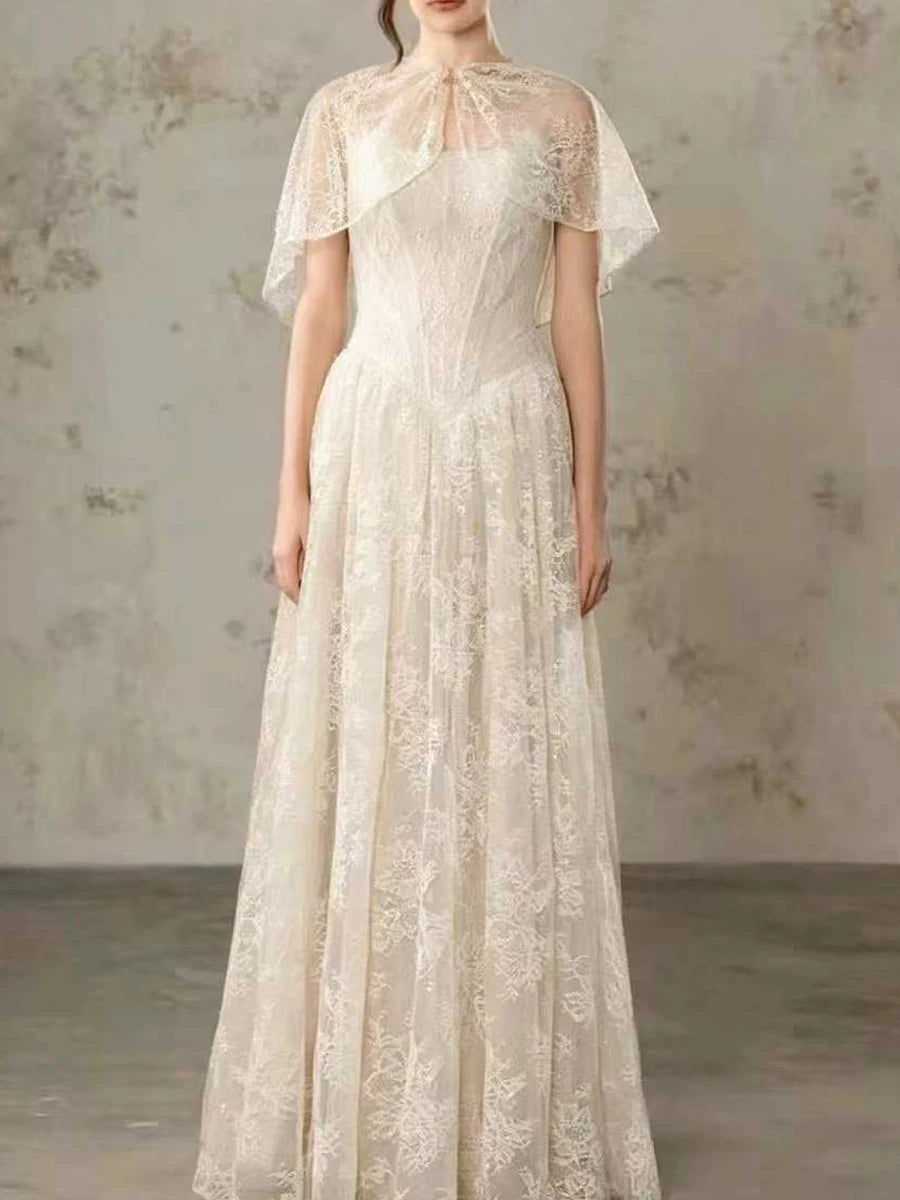 White lace cape sleeve maxi dress