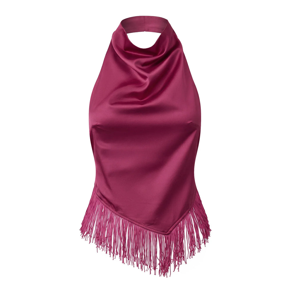 Red halter top with fringe details on a white background