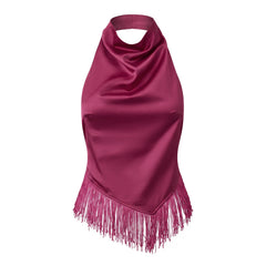 Red halter top with fringe details on a white background
