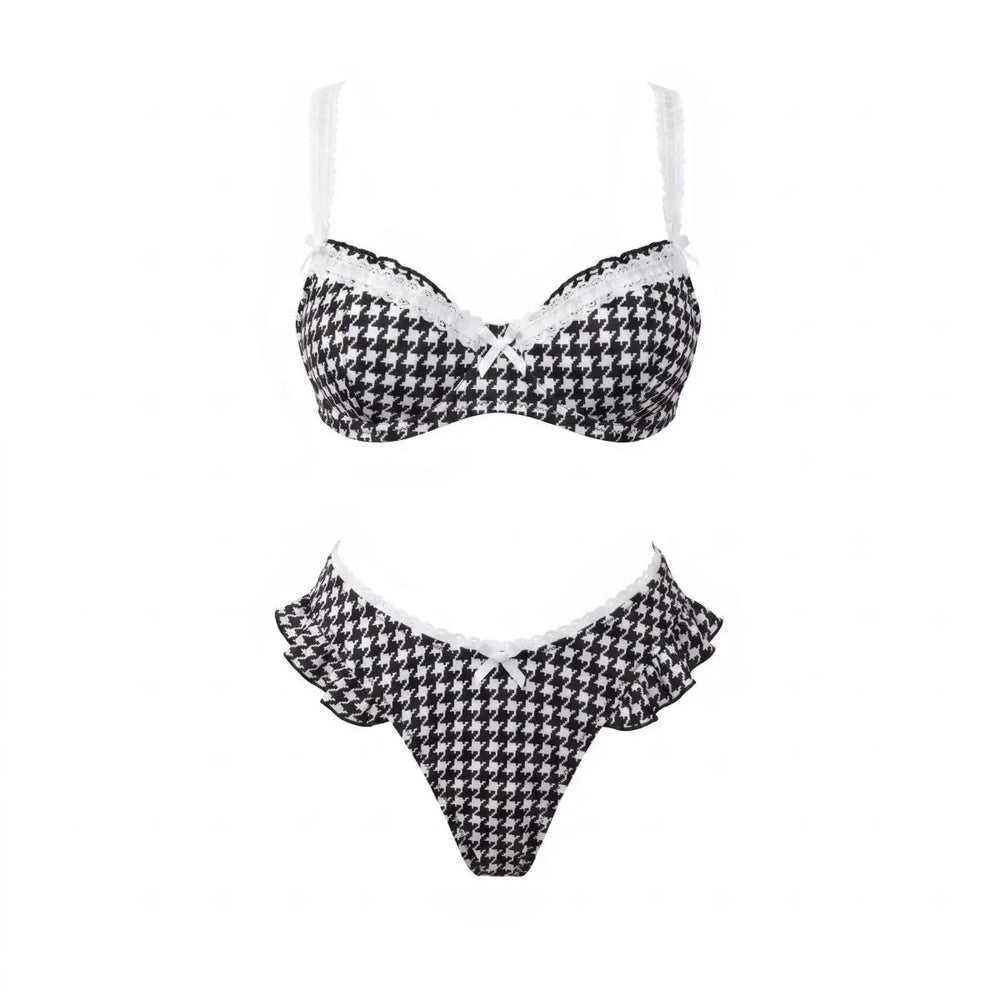 Houndstooth pattern bikini with white lace trim and matching beach pants