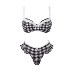 Houndstooth pattern bikini with white lace trim and matching beach pants