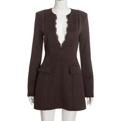 Lace Trim V-Neck Blazer Mini Dress